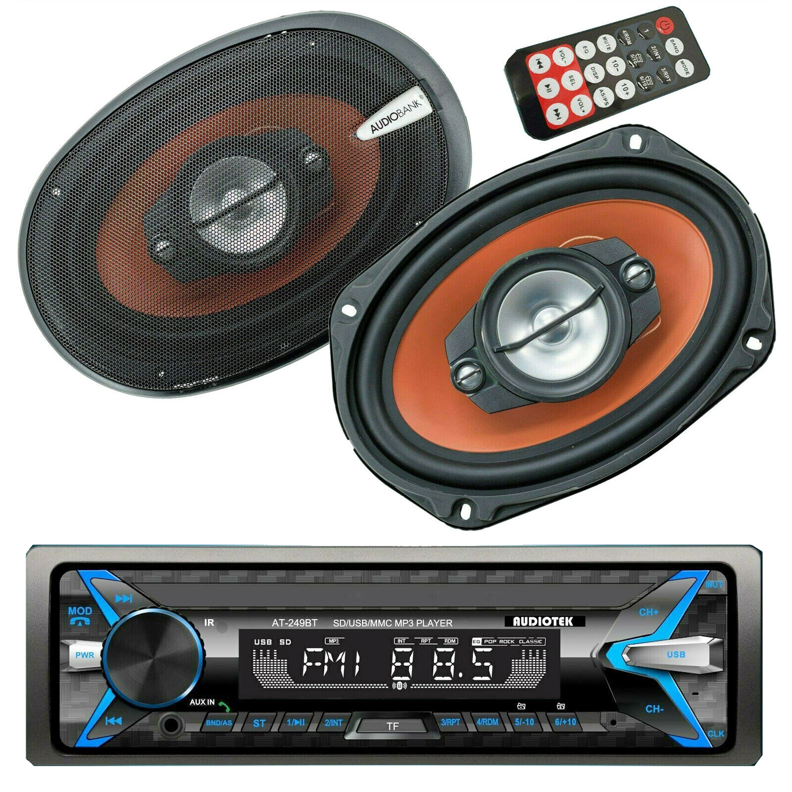 Audiotek Bluetooth Car STEREO Digital Media Receiver + 2x Audiobank 6×9″ Speaker