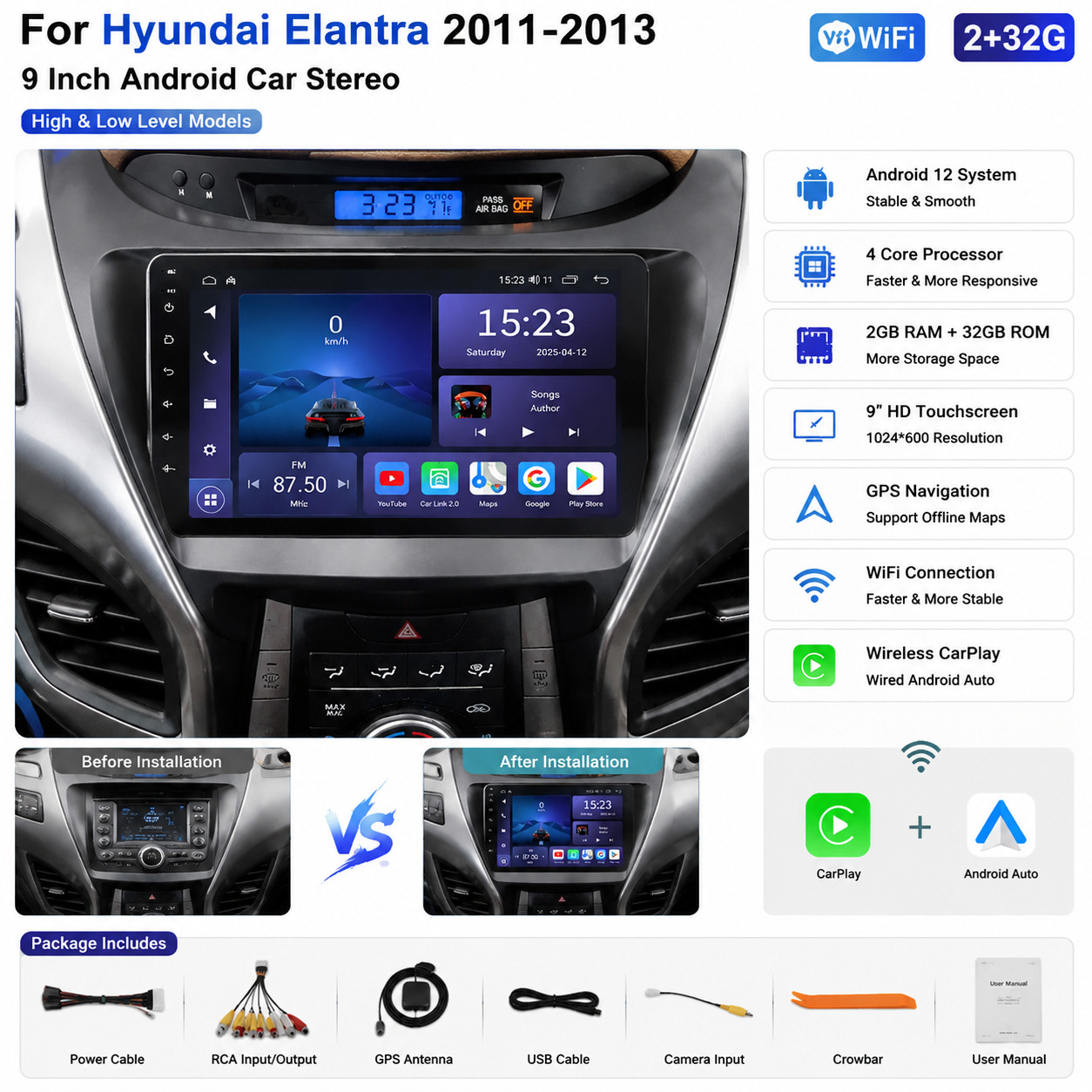 For Hyundai Elantra 2011 2012 2013 Carplay Car Stereo Radio Android GPS Navi FM