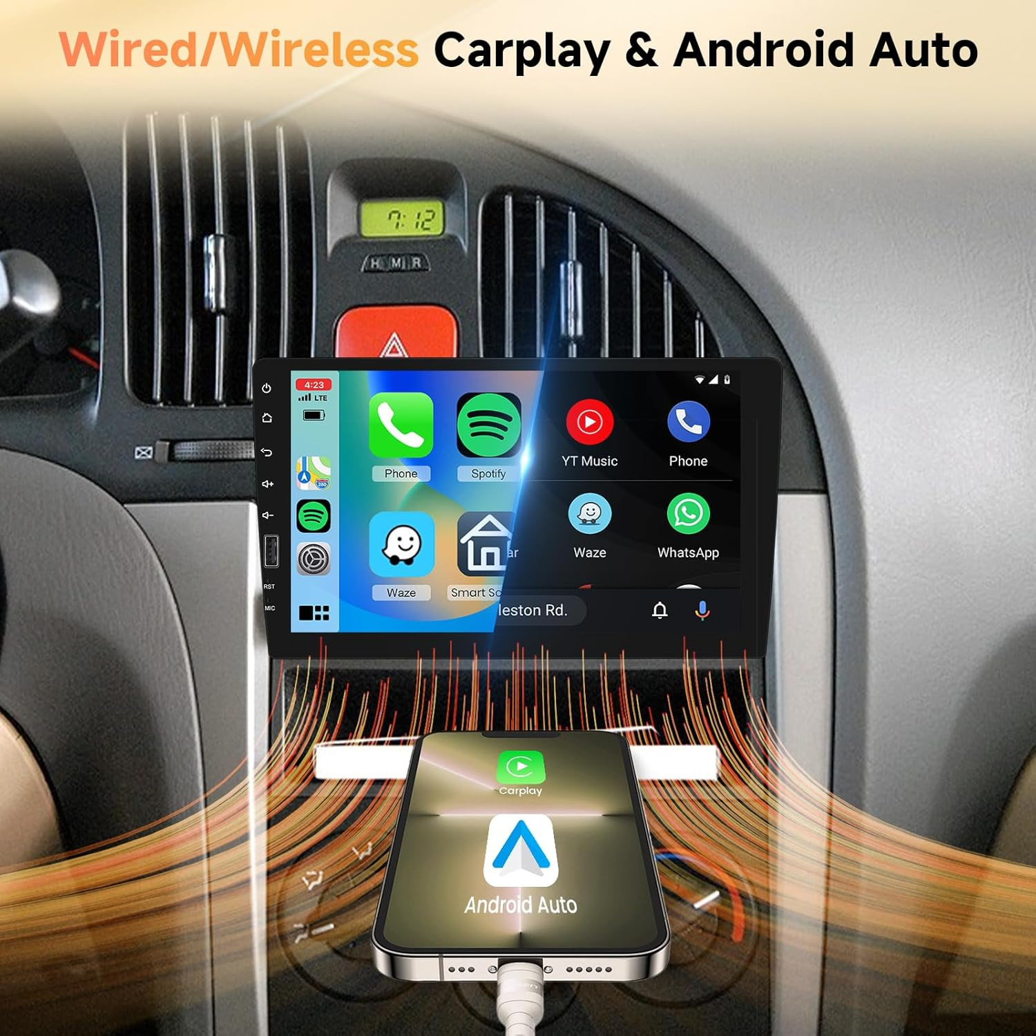9 Inch Wireless Carplay Single Din Car Stereo Android Auto, Bluetooth IPS Touch