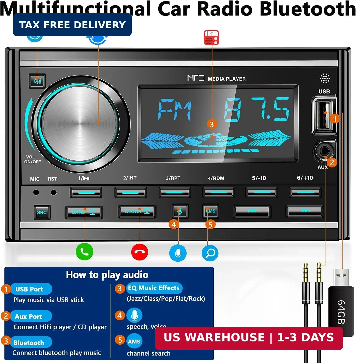 Double DIN Bluetooth Car Stereo Audio Head Unit Hand-Free FM Radio USB AUX Input