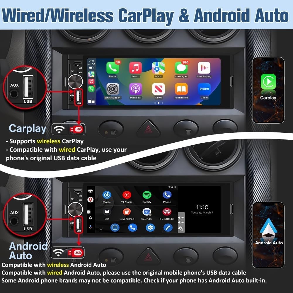 Universal Single Din Car Stereo with Wireless CarPlay & Android Auto, IPS Tou…