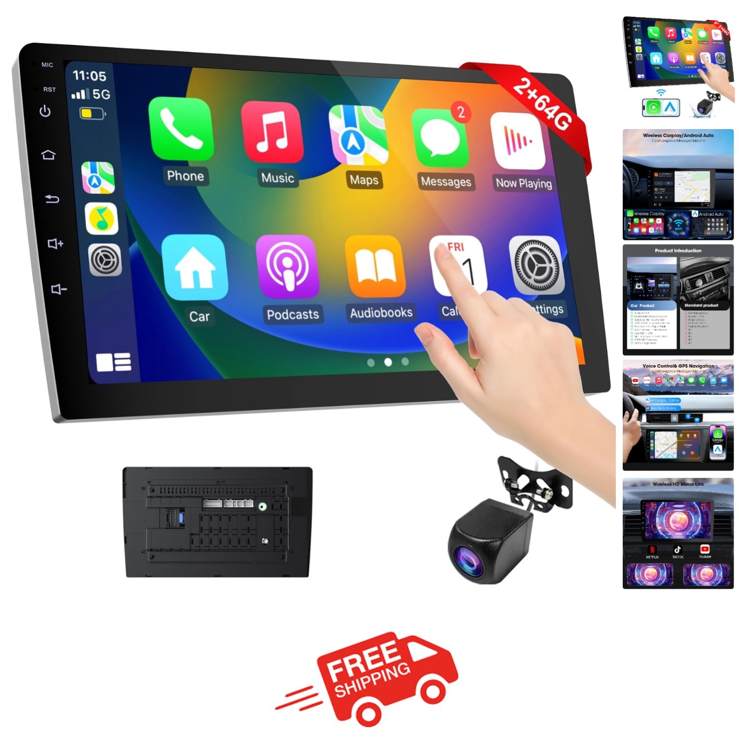 All-in-One 9” Carplay Screen with Wireless Android Auto & Backup Safety Camera