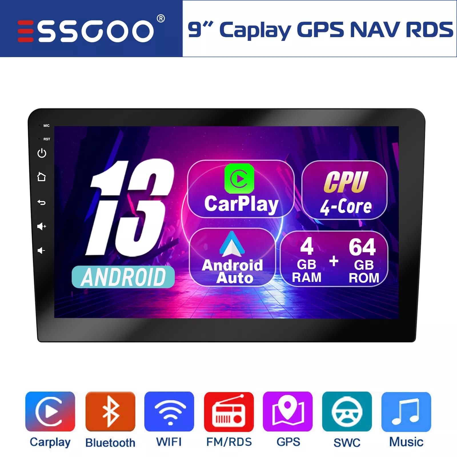 Double DIN 9″ Android 13 Car Stereo Carplay Blutooth IPS Touchscreen RDS 4+64GB