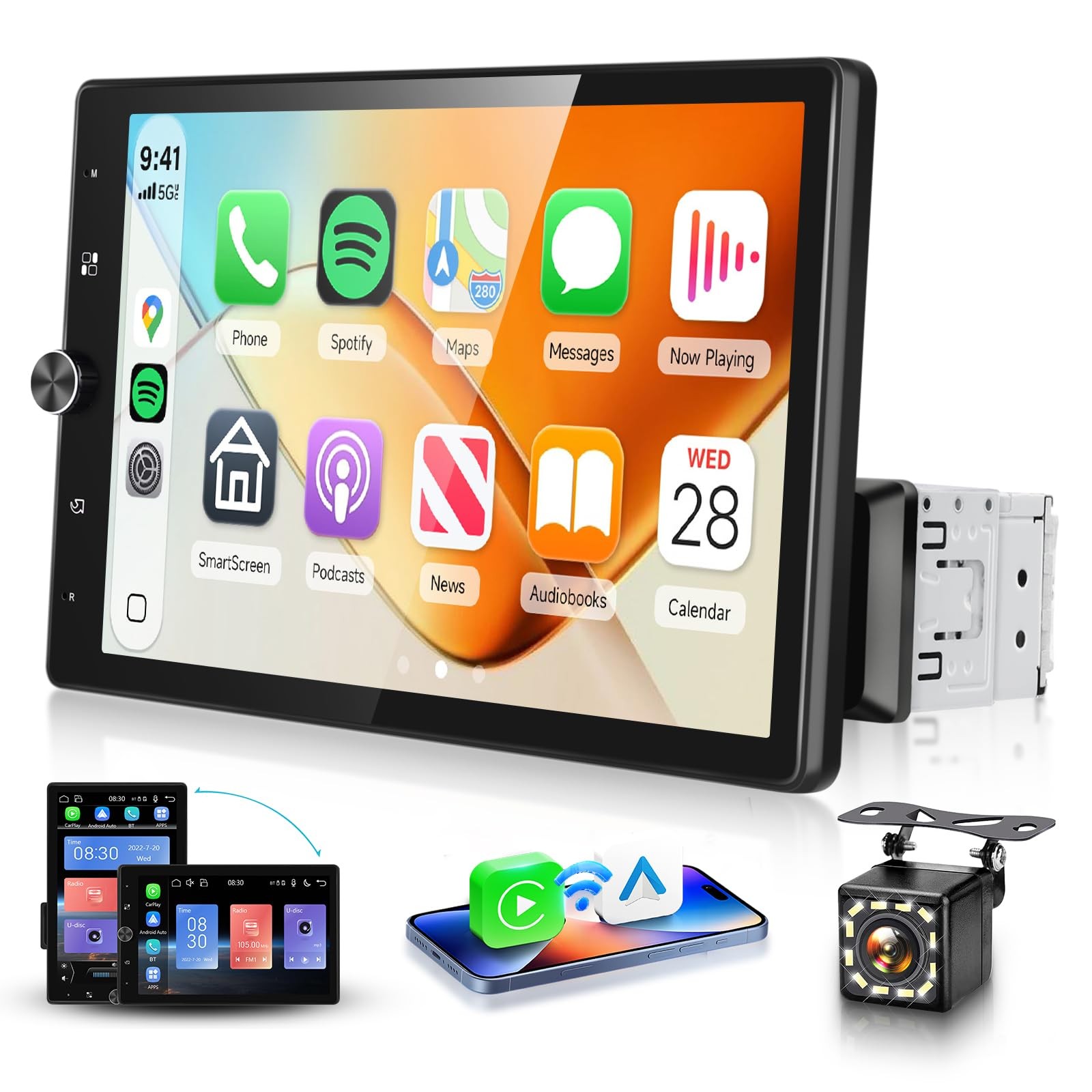 MAHVEC 10.4 Single Din Car Stereo Wireless CarPlay Android Auto
