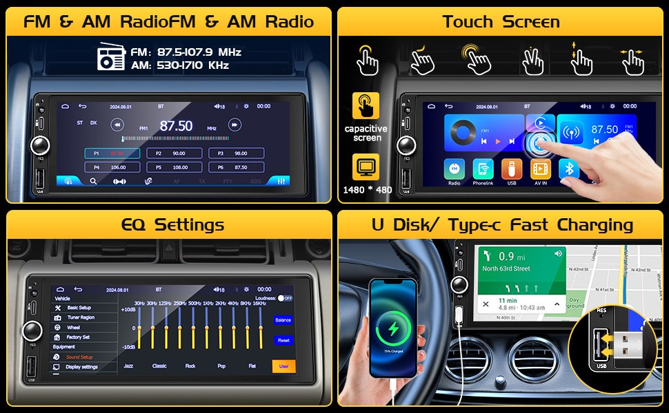 Wireless Single Din Car Stereo-Apple Carplay, Android Auto, 6.86″ Touchscreen