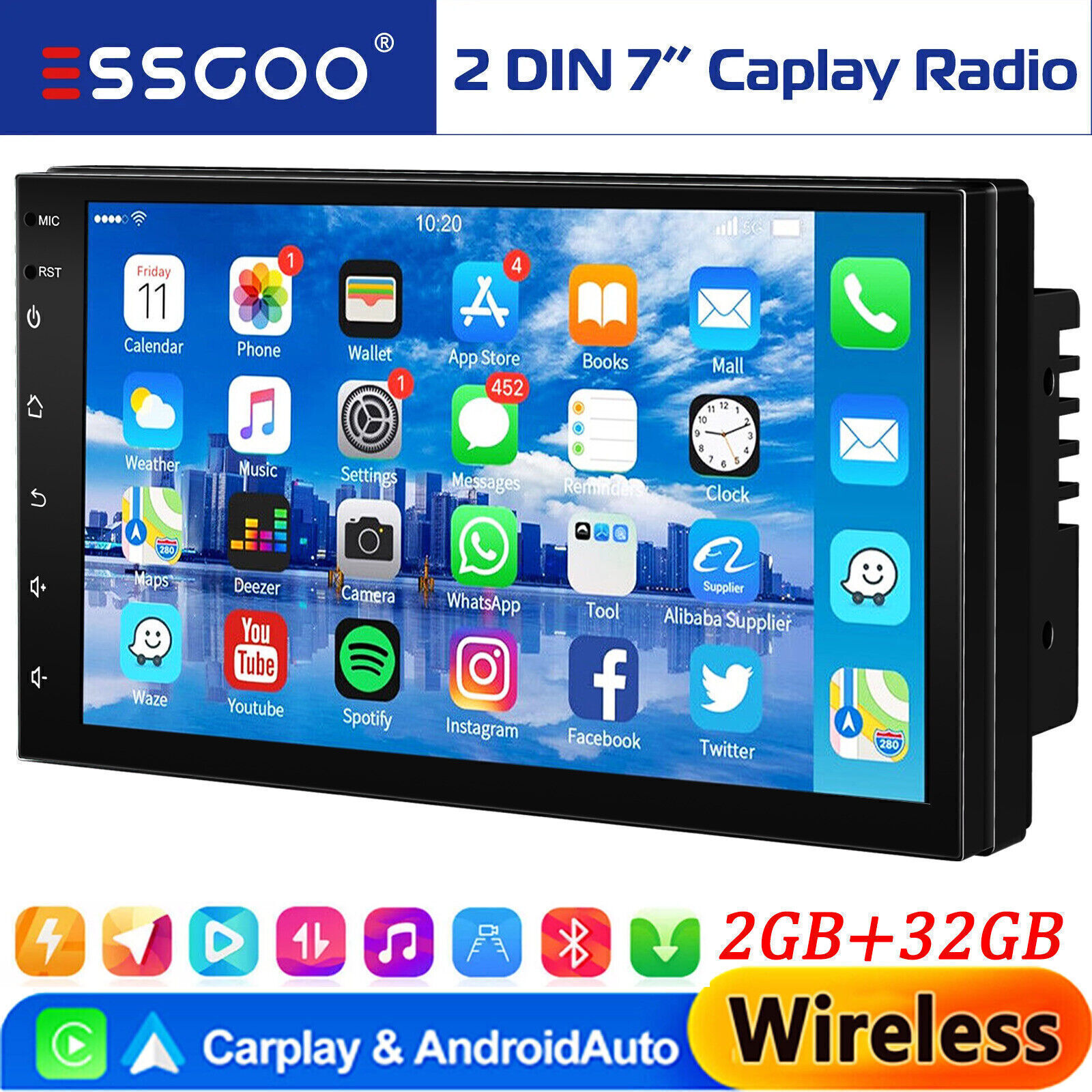 Double Din 7″ 32GB Car Stereo Android/Apple Carplay Radio Touch Screen Player