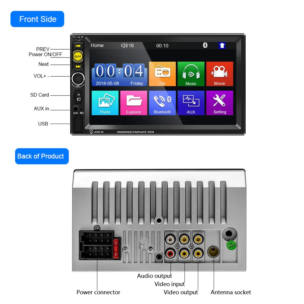 7" Double 2 DIN Car Radio Stereo Bluetooth FM USB SD IOS/Android MP5 Player