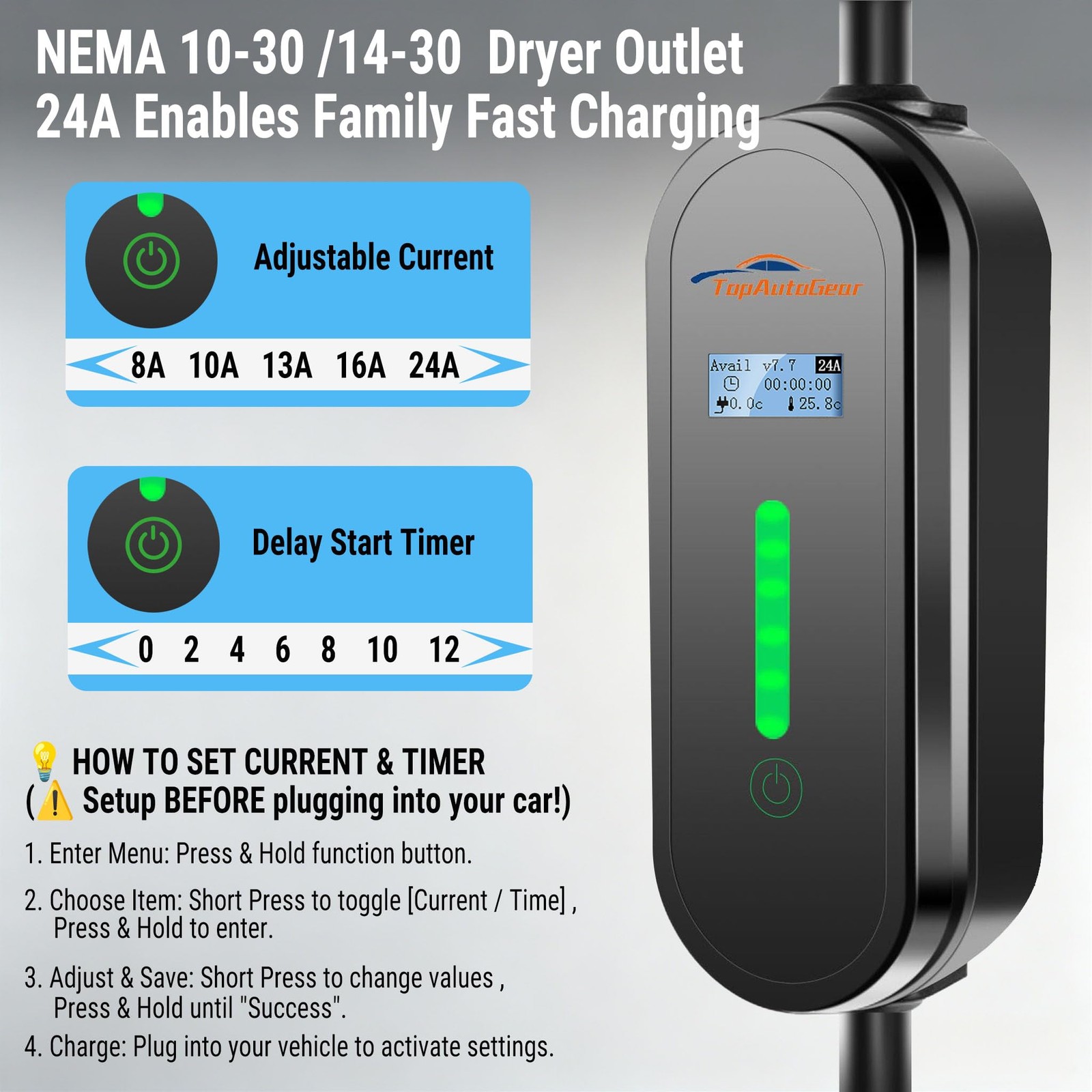 Level 2 Portable EV Charger 240V 24A with Adjustable Current & 25FT Cable