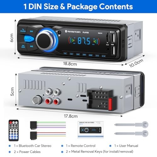 Bluetooth Car Stereo Single DIN, Hands-Free FM Radio, USB/AUX/SD/MP3 Player