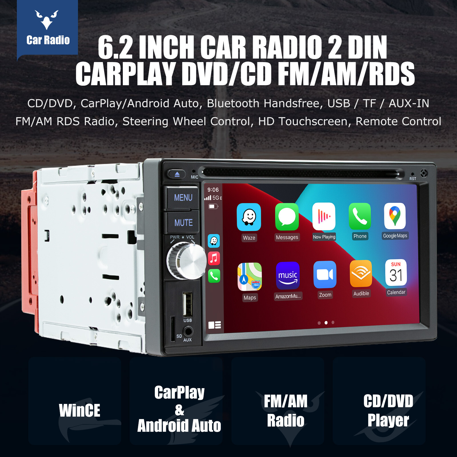 6.2 inch Car Stereo Radio Double DIN Apple/Android Carplay BT RDS with Mic Cam