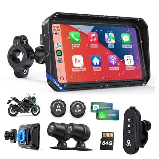 Motorcycle CarPlay Screen with 6.25”+Dual 2K Cam+TPMS+Magnetic Mount+64GB