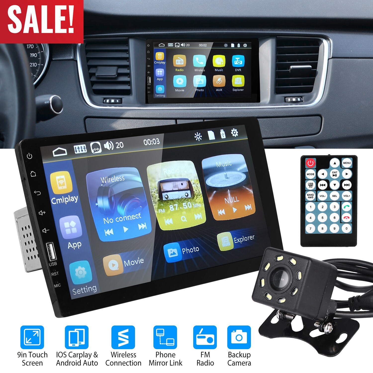 9″ Touch Screen Wireless Car FM Radio Stereo Mp5 Player Mirror Link &Rear Camera