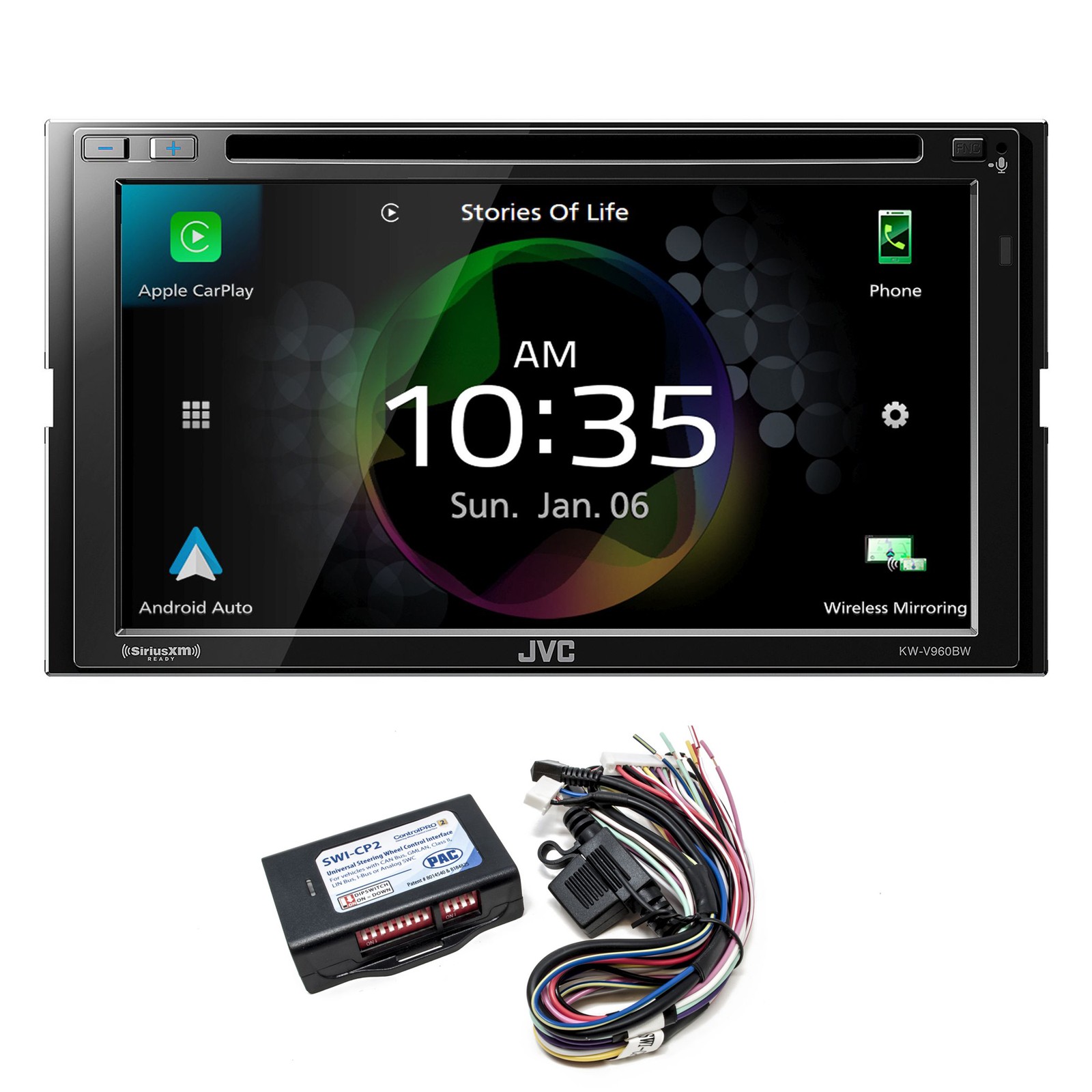 JVC KW-V960BW Car AV Receiver, Wireless CarPlay Android Auto, PAC SWI-CP2