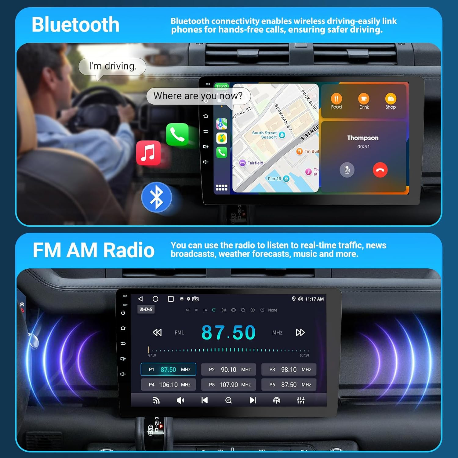 9″ Double Din Car Stereo – 2+64GB Wireless Apple Carplay & Android Auto, HD Touc