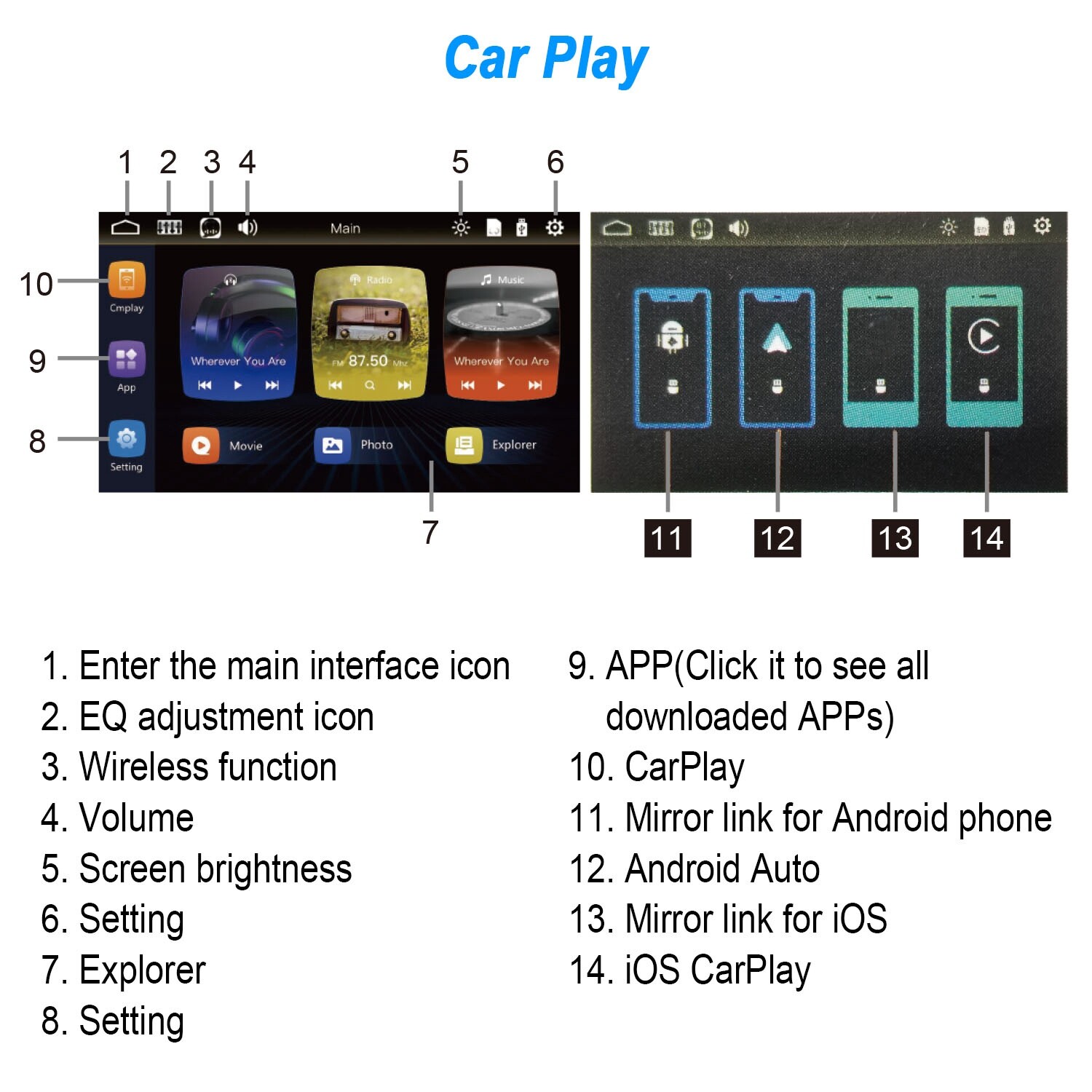 9in Car Stereo 1 Din Radio Touchscreen w/Camera Mirror Link Carplay/Android Auto