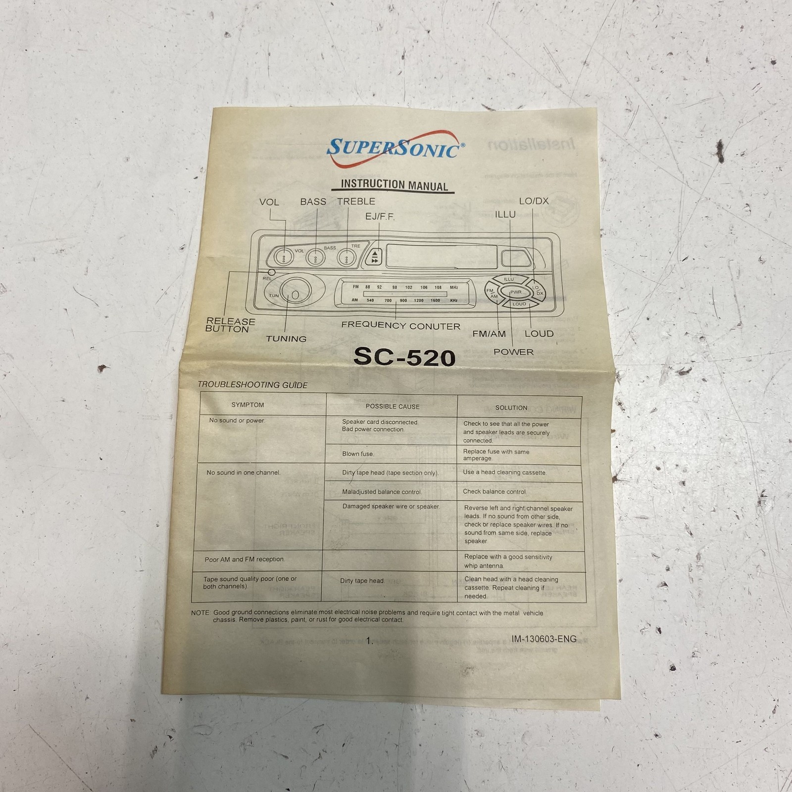 SuperSonic SC-520 AM/FM Radio Cassette Car Stereo Detachable Face For Parts
