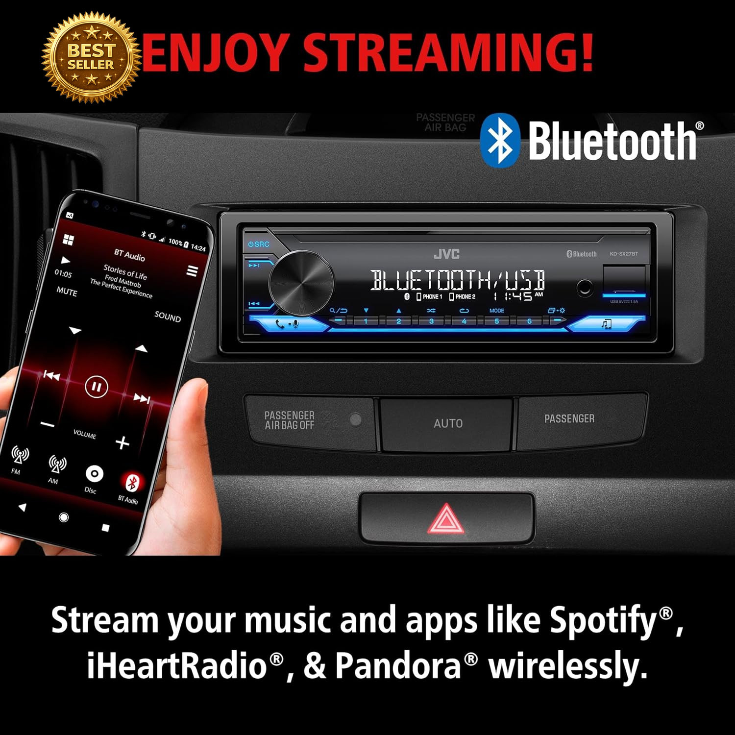 JVC KD-SX27BT Bluetooth Car Stereo Single DIN 100W USB AUX FM AM Receiver