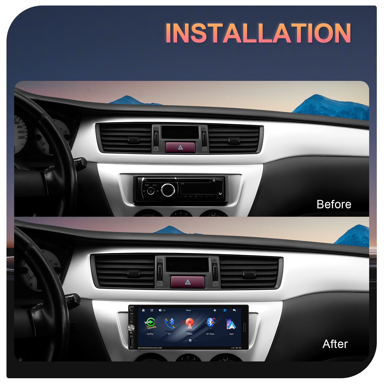 Single 1 Din Car Stereo Wireless CarPlay 6.8″ Touchscreen Bluetooth Radio FM USB