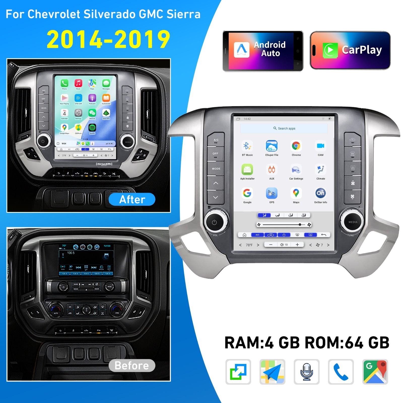 Android 13 Car Radio Stereo Tesla Style for Chevy Silverado GMC Sierra 2014-2019