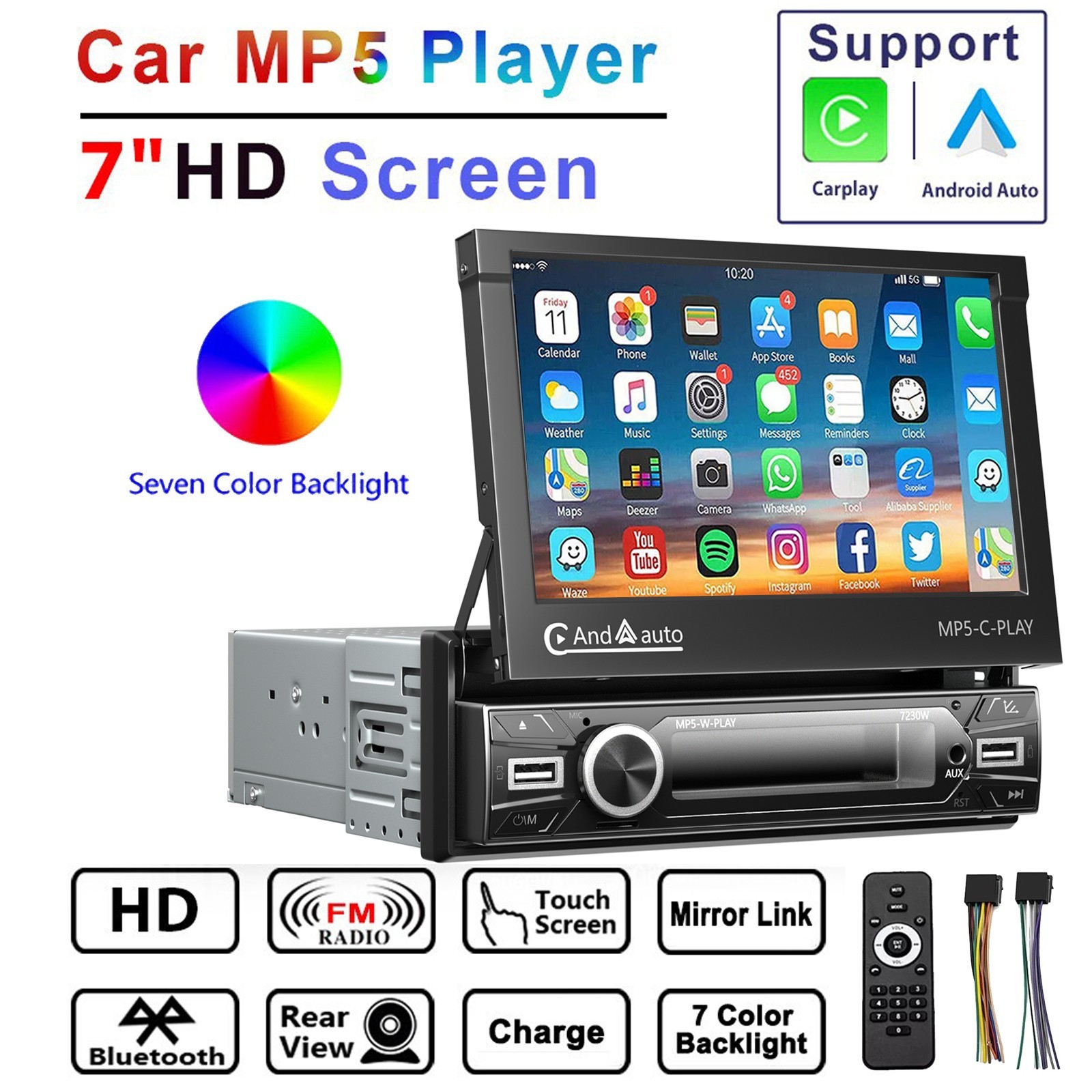 7″ Single 1 DIN Car Stereo Flip Out Touch Screen Radio Bluetooth MP5 Player USB