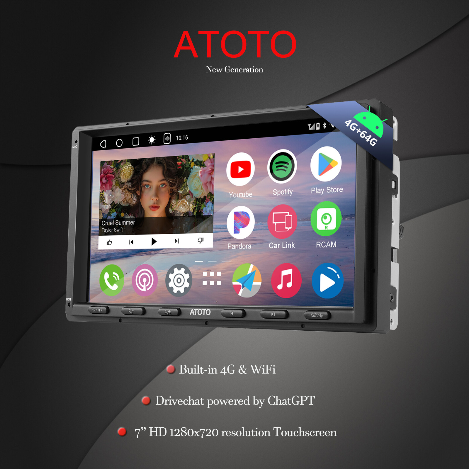 ATOTO 7″ Carplay Stereo 2-DIN Android 4G+64G GPS Head Unit w/ Drivechat Radio
