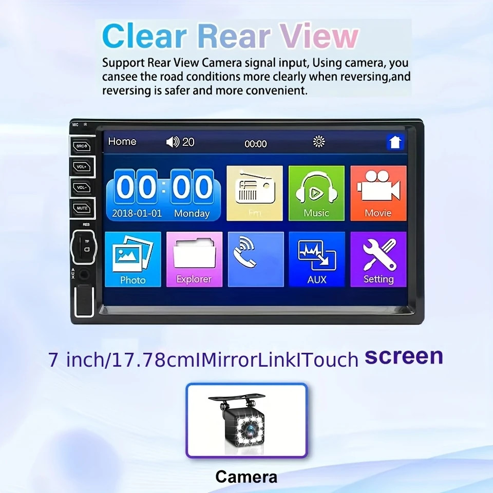 7 Inches Car Radio Stereo 1DIN Bluetooth FMB AUX Audio MP5 Player + Camera