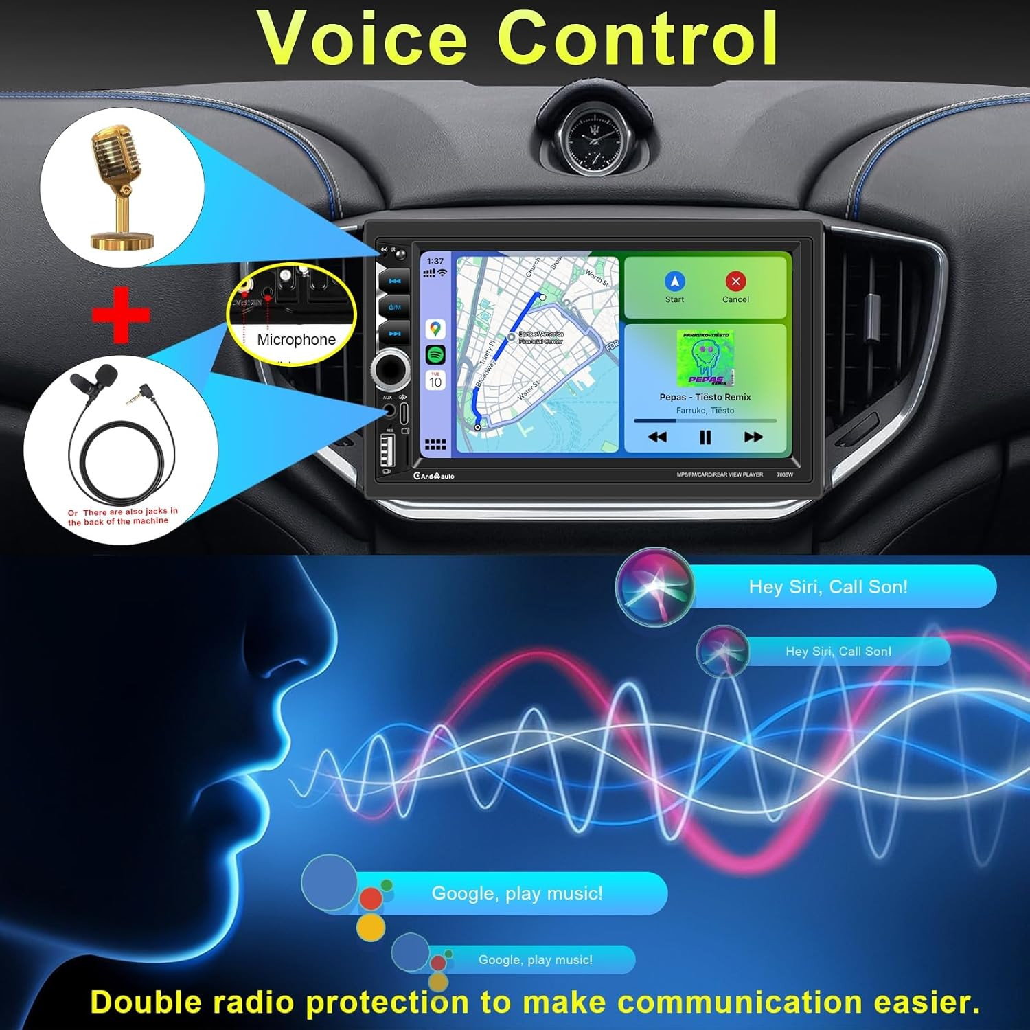 Wireless Apple Carplay Double Din,7″ Car Bluetooth 5.2,FM Car Radio,Ips 1024*600