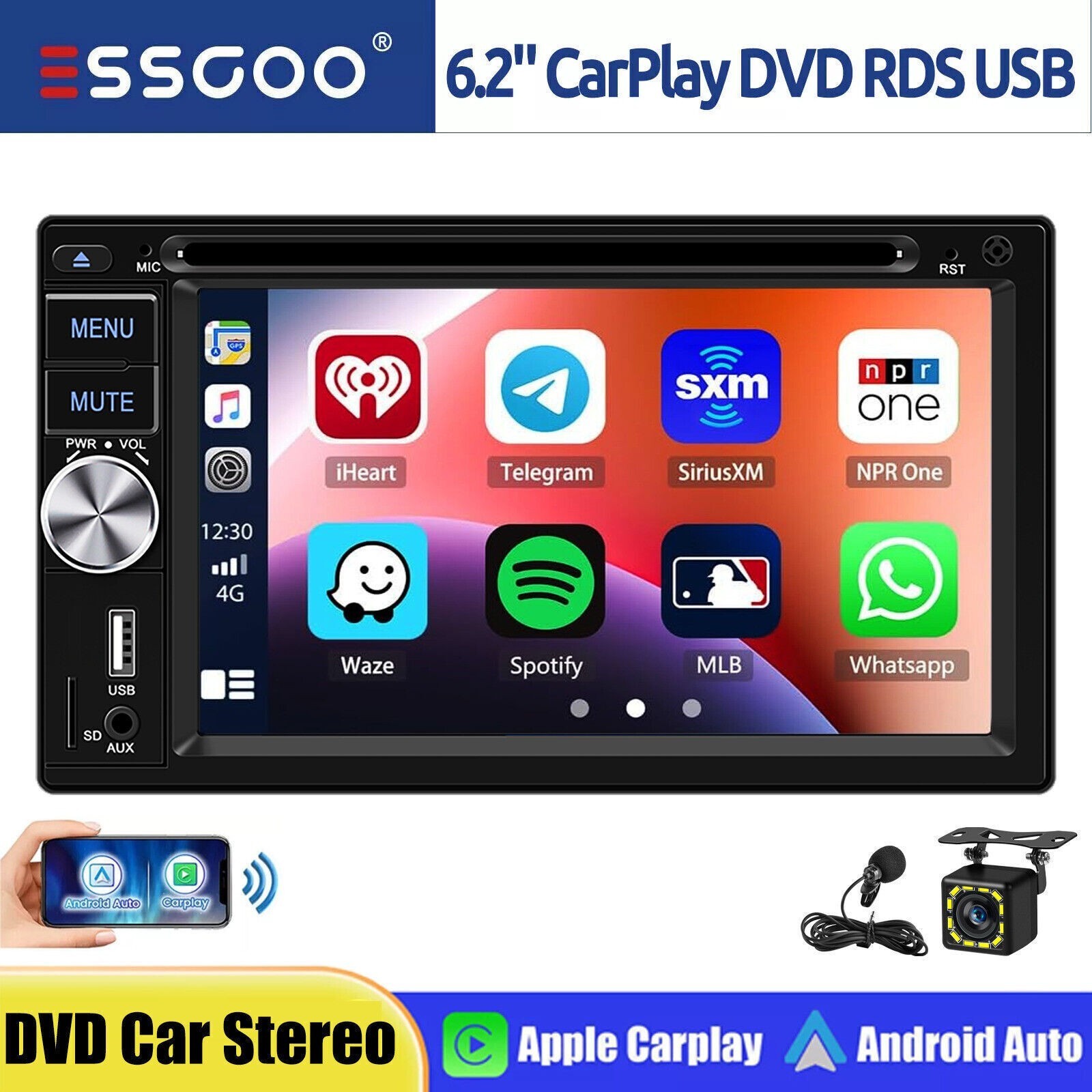 6.2 inch Car Stereo Radio Double DIN Apple/Android Carplay BT RDS with Mic Cam