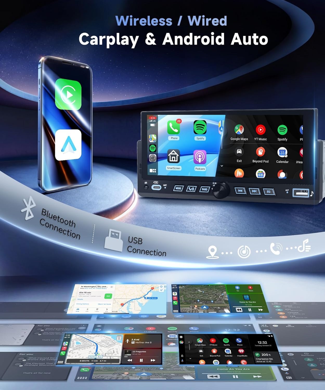Single Din Car Stereo, 6.86″ Touch Screen Car Radio with Wireless & Wired Carpla