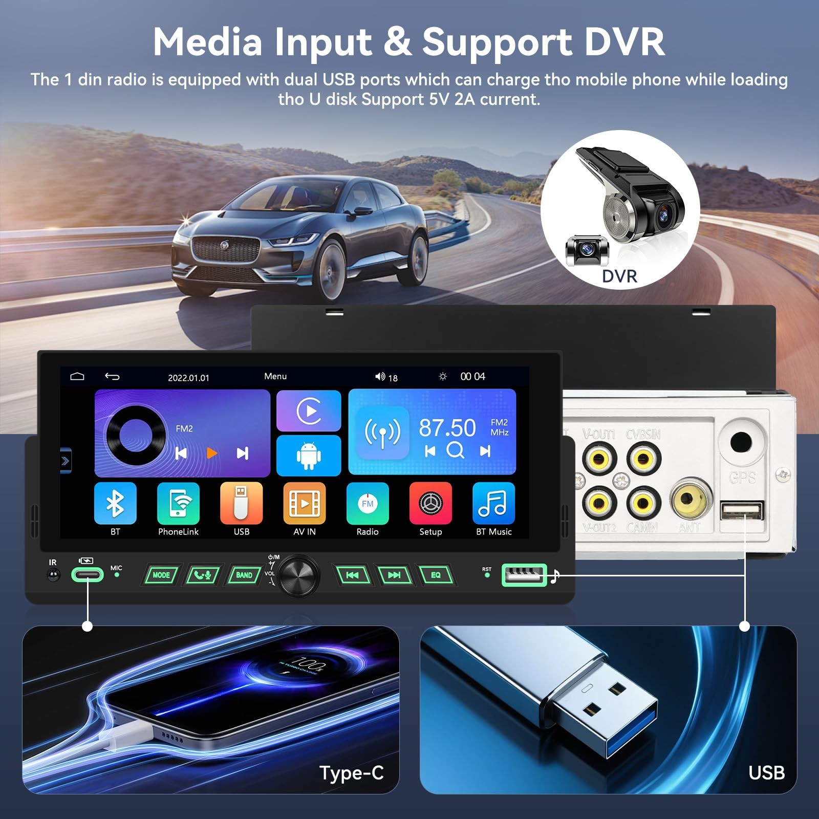 6.9” Single Din Car Stereo with Wireless Apple Carplay Android Auto, 1Din To…