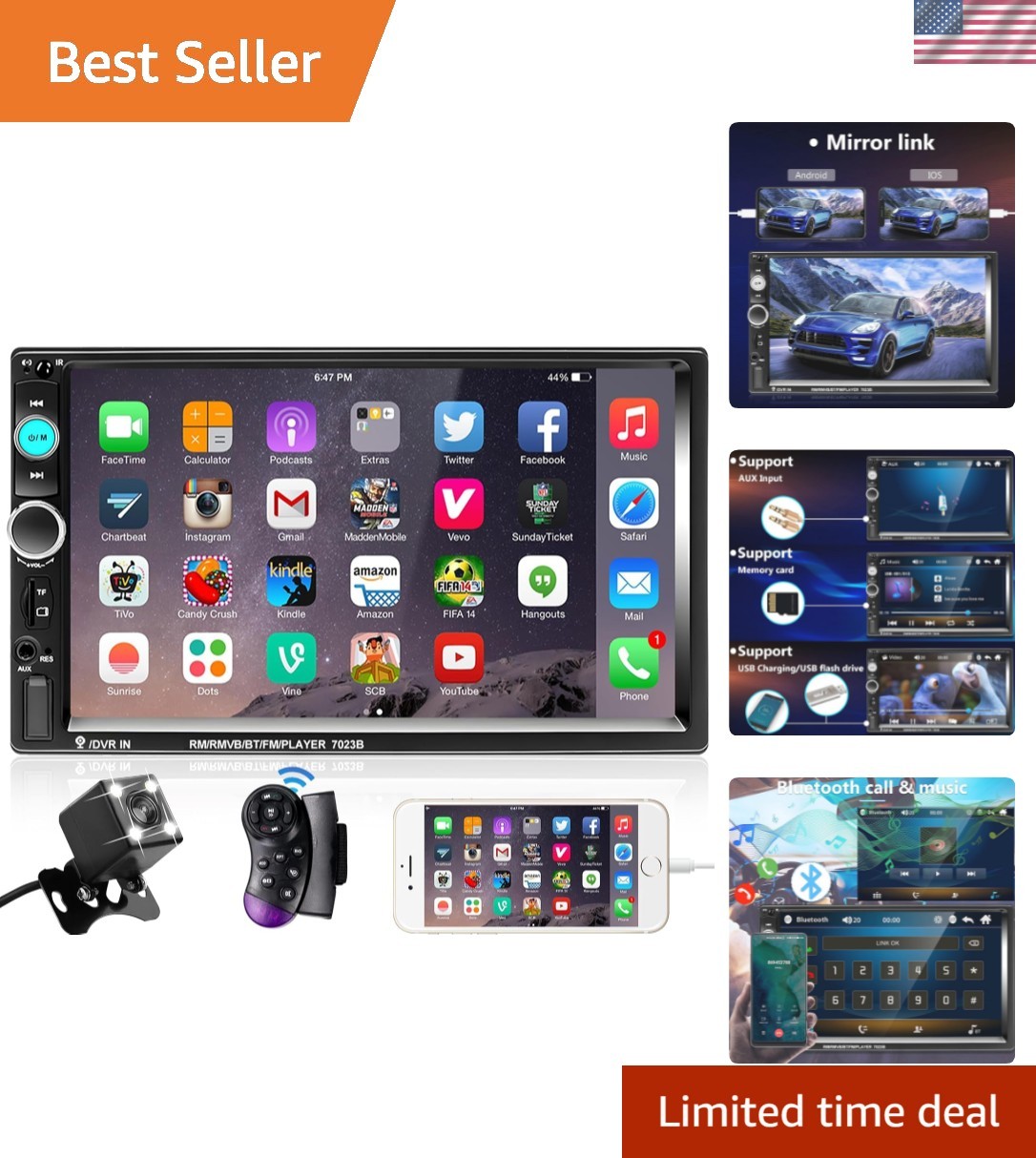 Double Din Car Stereo Radio 7 Inch Touch Screen Bluetooth Handsfree Mirror Li…