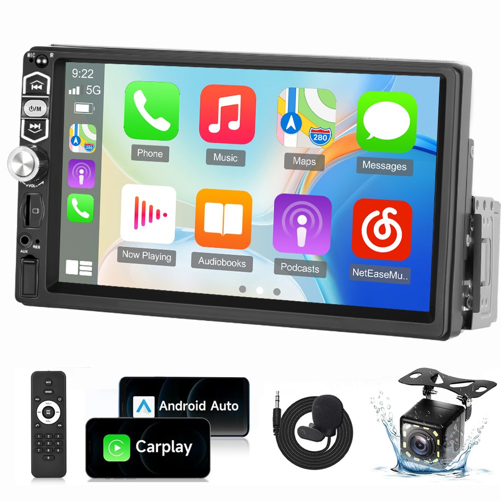 1 Single DIN 7″ Apple CarPlay Car Stereo Touch Screen Android Auto Backup Camera