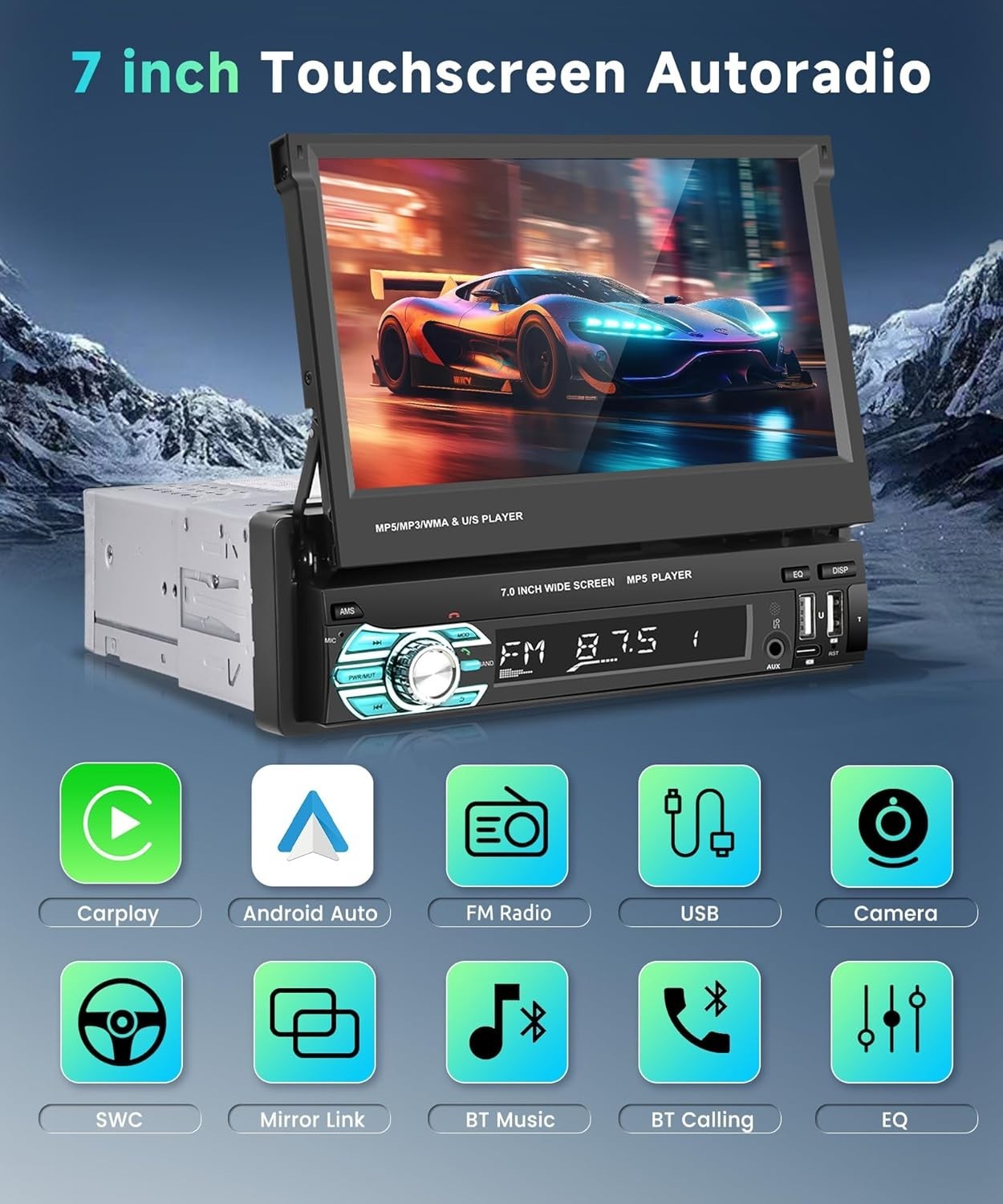 Multi-Function 7 Inch Wireless CarPlay Car Radio with Bluetooth & Voice Control