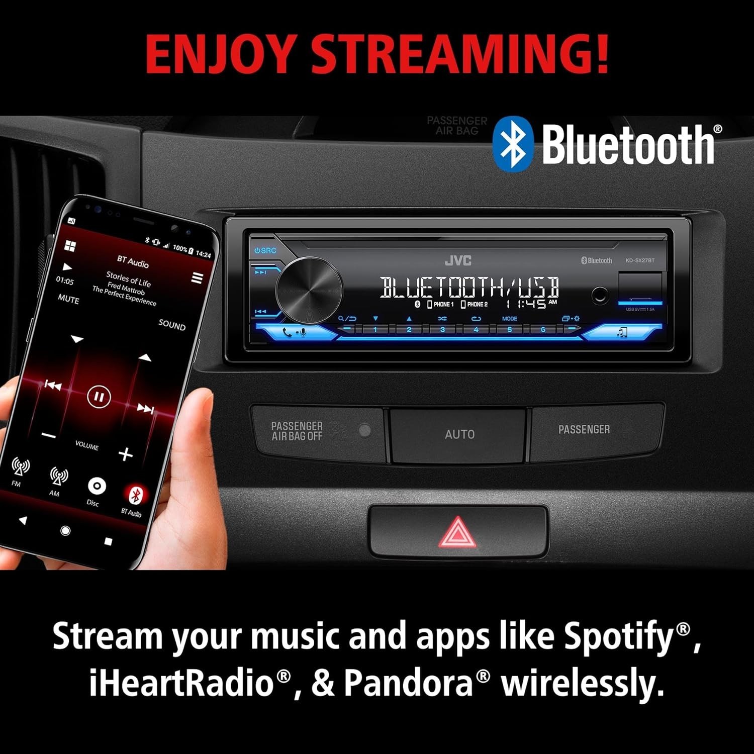 KD-SX27BT Bluetooth Car Stereo: 100W Digital Receiver with USB and App Control