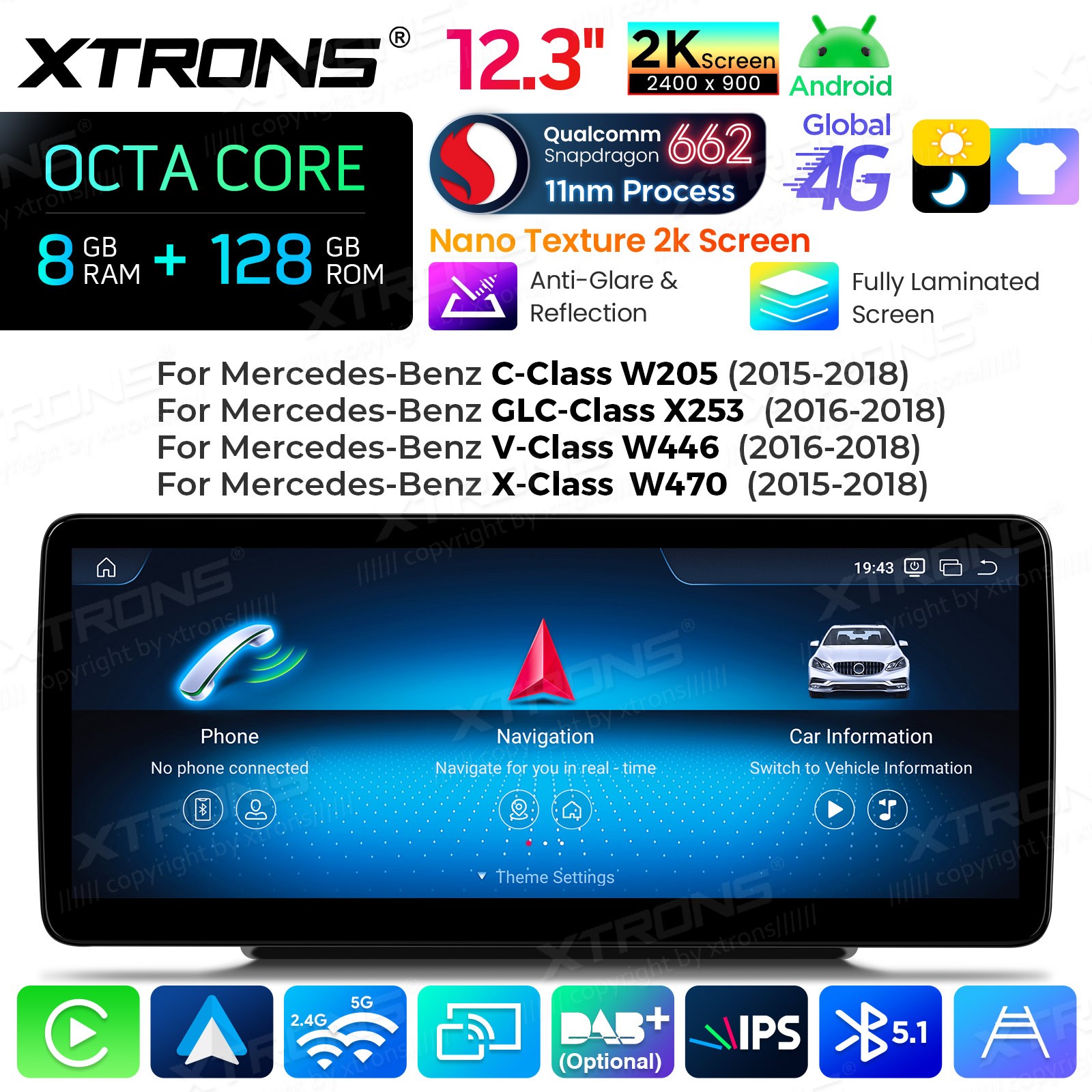 2K 12.3″ 8-Core Android Screen for Mercedes Benz C GLC W205 X253 NTG5.2 8+128G