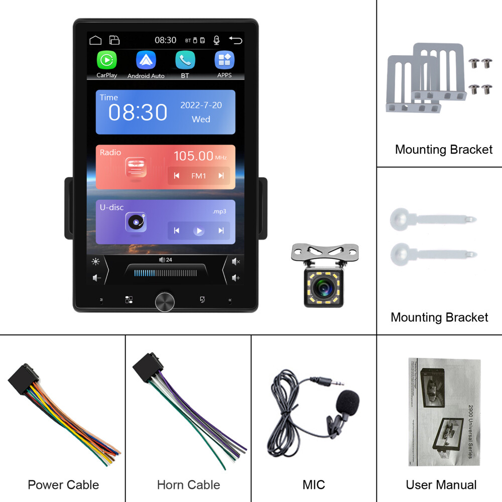 10.4″ Car Stereo Radio Single 1 DIN Carplay Android Auto Vertical Screen +Camera