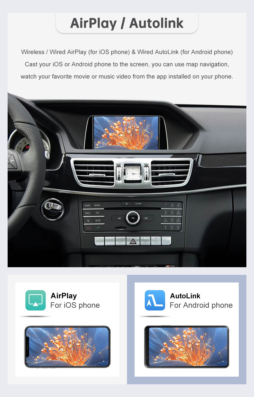 Wireless Carplay Android Auto Retrofit Kit for E Class W212 E Coupe C207 2012-15