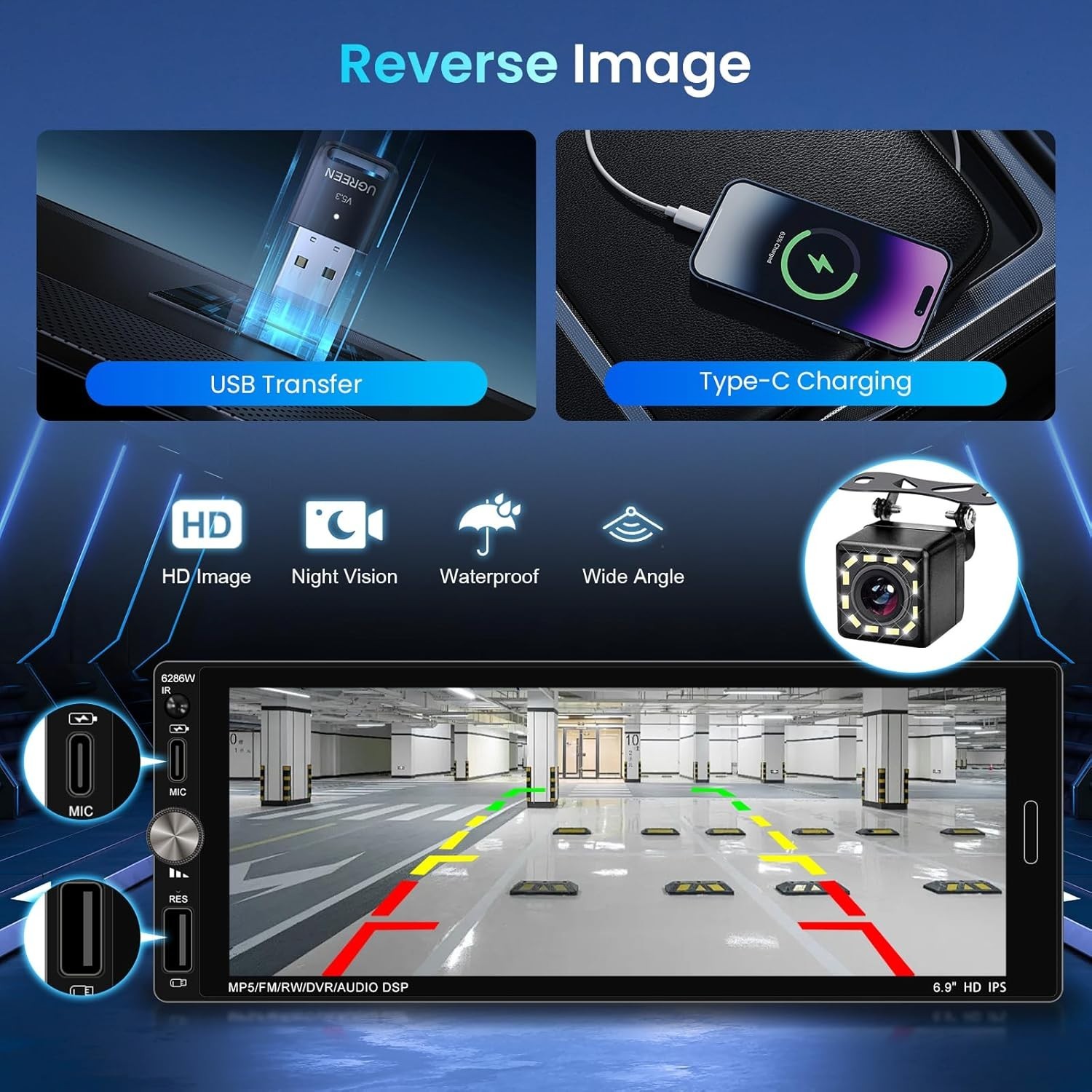 6.9″ Single DIN Android Auto Carplay Stereo with Backup Camera & Remote