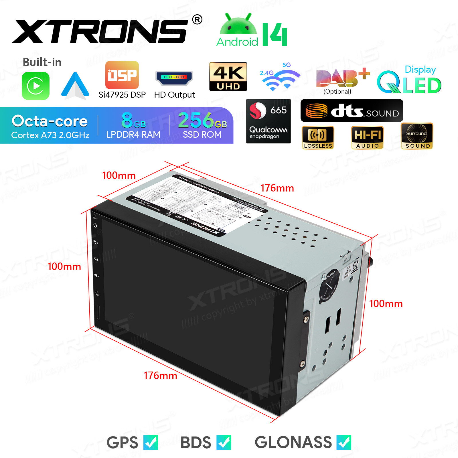 2 DIN Android 14 CarPlay Head Unit 8GB 256GB GPS DTS Sound 7″ Touchscreen WIFI