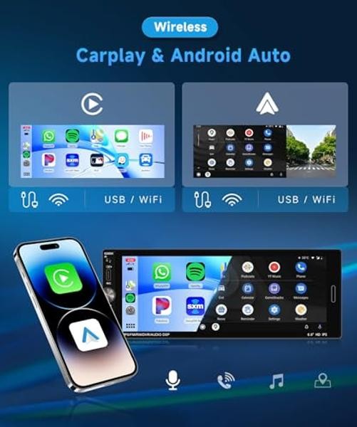 6.9 Inch Single Din Car Stereo with Wireless CarPlay/Android Auto/Mirror