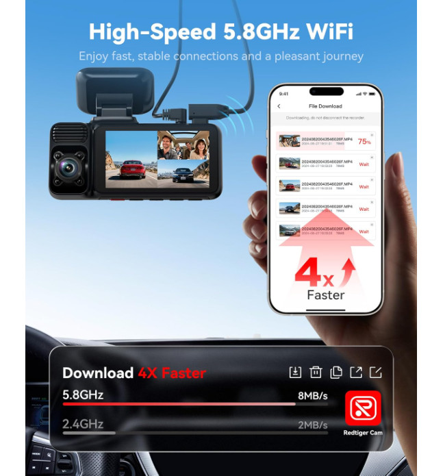 Cámara dash cam 4K de 3 canales con grabación frontal, interior y trasera, WiFi