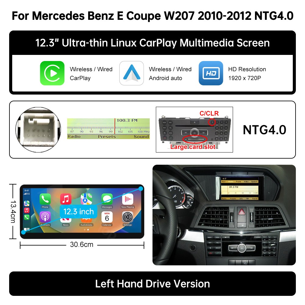 Ultra-Thin 12.3”Wireless Carplay Touchscreen For Mercedes E Coupe C207 2009-16