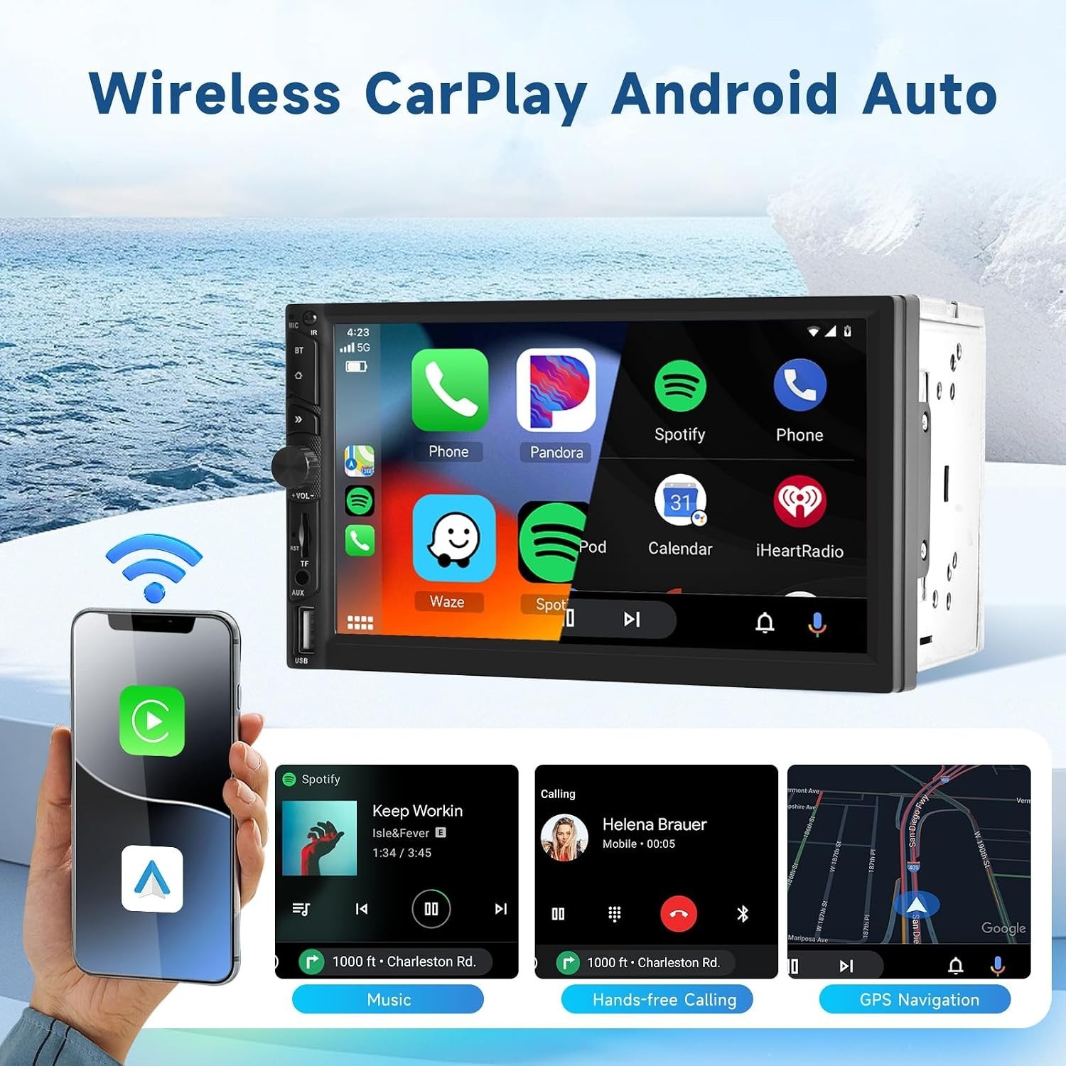 Wireless Upgrade Double Din Car Radio,Wireless CarPlay and Android Auto, Blue…