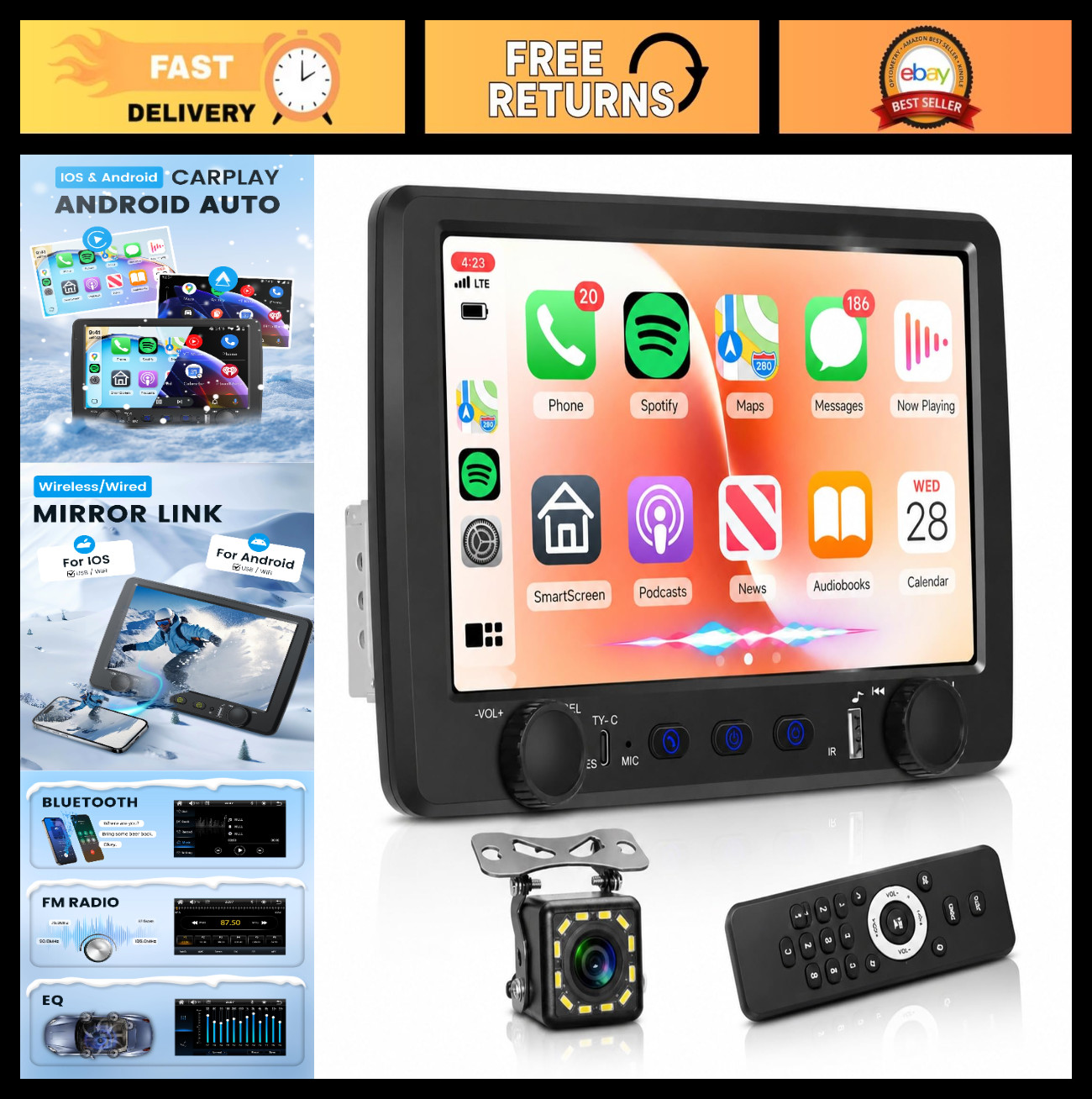 9″ Single Din Car Stereo – Wireless CarPlay, Android Auto, Bluetooth, Touchscree