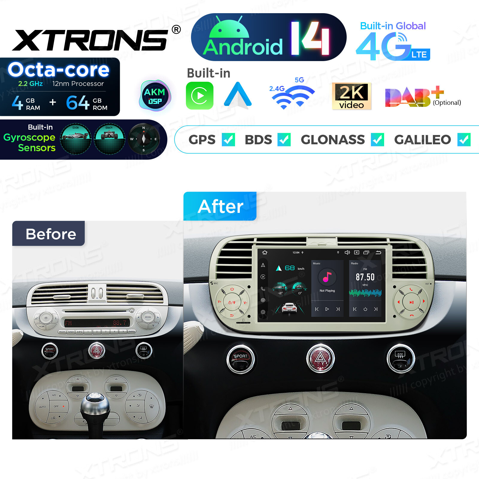 7″ Android 13 8Core Car Play GPS Sat Nav Stereo Radio for Fiat 500 2007-15 Beige