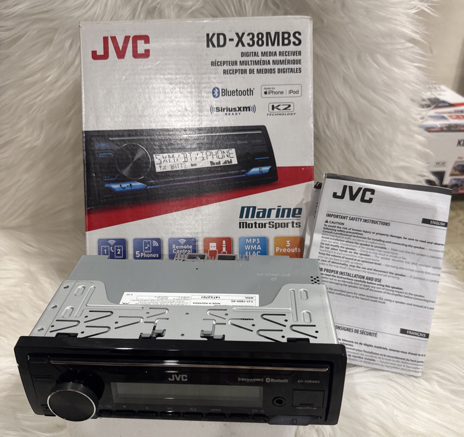 JVC KD-X38MBS Single DIN Marine MotorSport Bluetooth USB AUX LED- OPEN BOX!