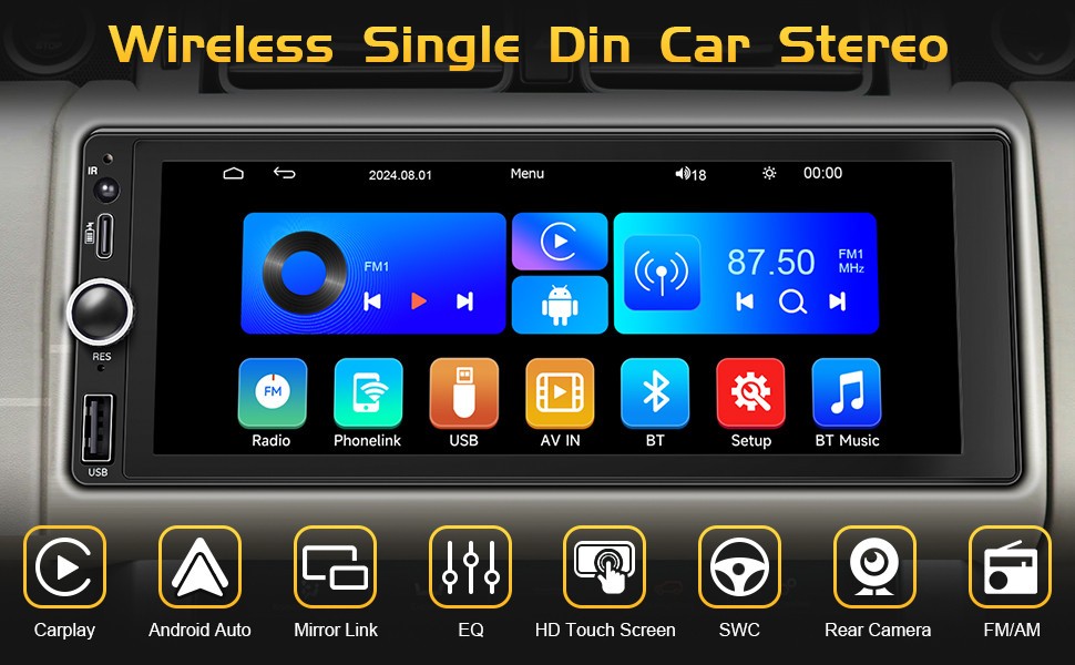 Wireless Single Din Car Stereo-Apple Carplay, Android Auto, 6.86″ Touchscreen