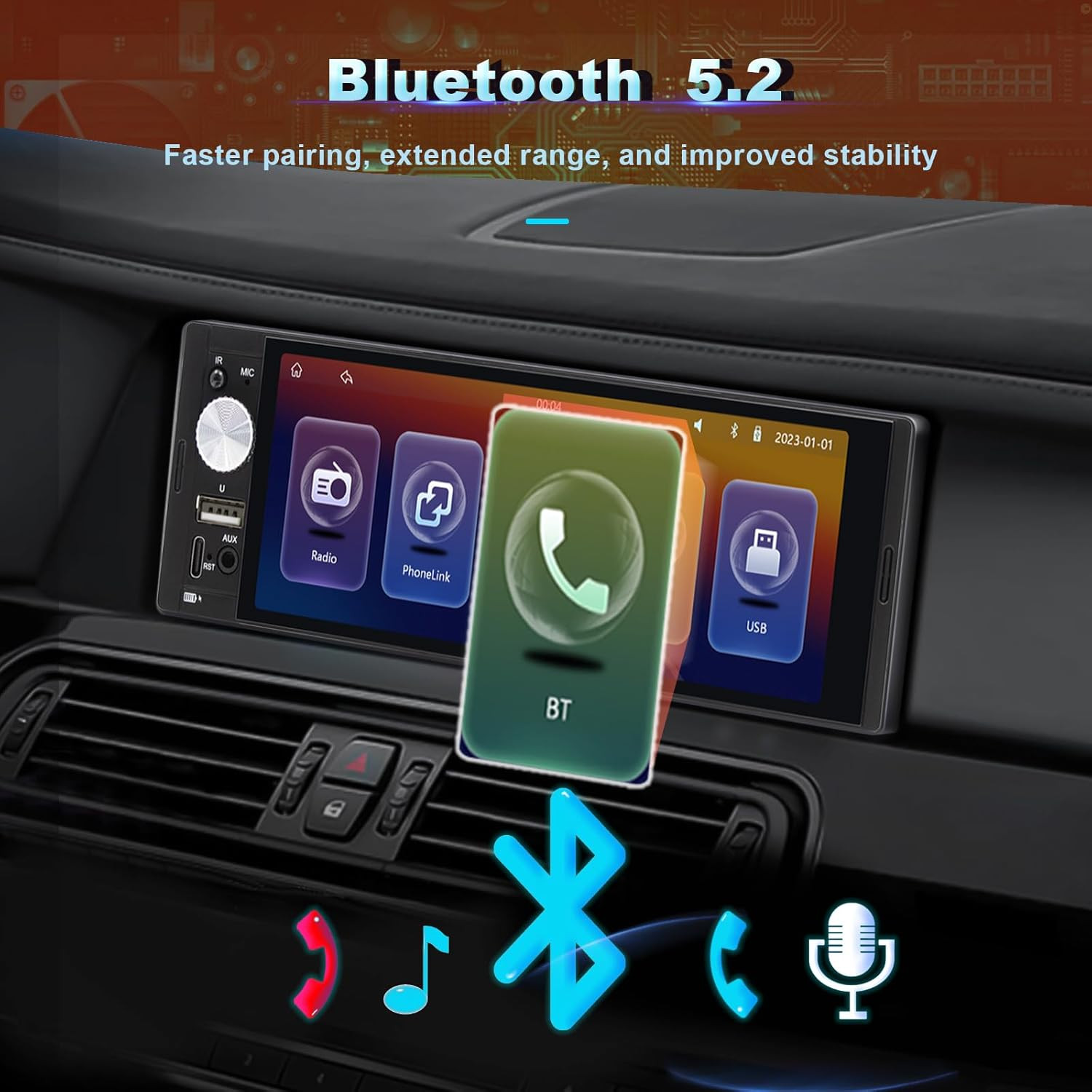 Single DIN Car Stereo with Wireless Apple Carplay Car Radio Android Auto, 6.36″
