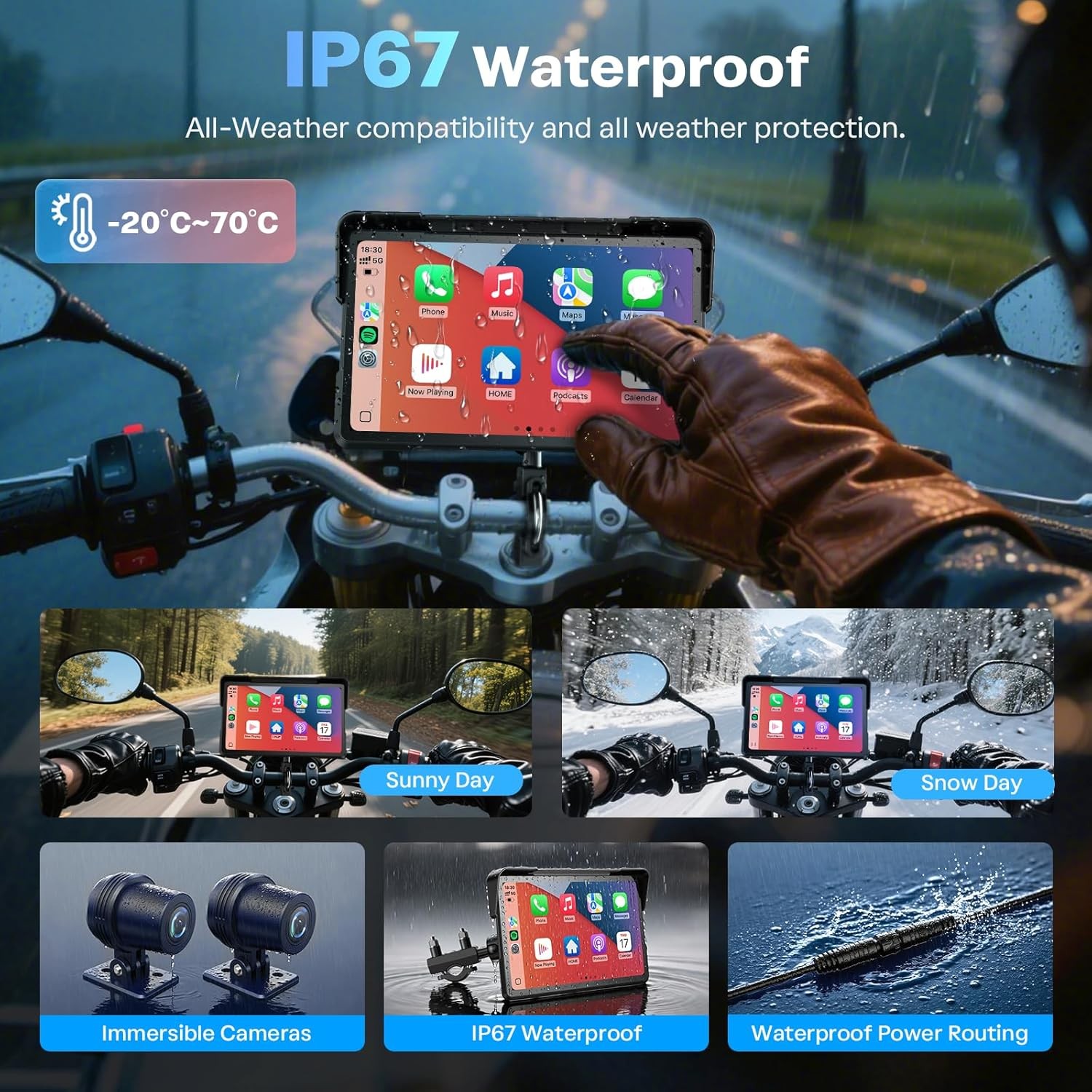 7″ Motorbike Android Auto Navigation GPS CarPlay Dual 4K Dash Cam Bluetooth TPMS