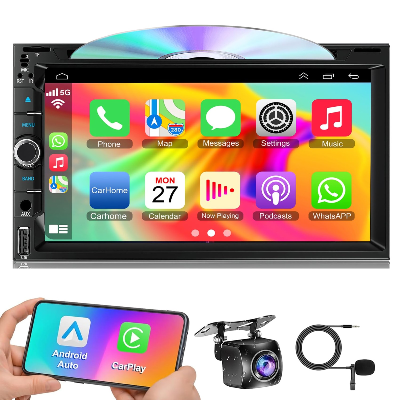 Double Din Car Radio Stereo with 7-Inch Touch Screen, Support CD/DVD Player,W…